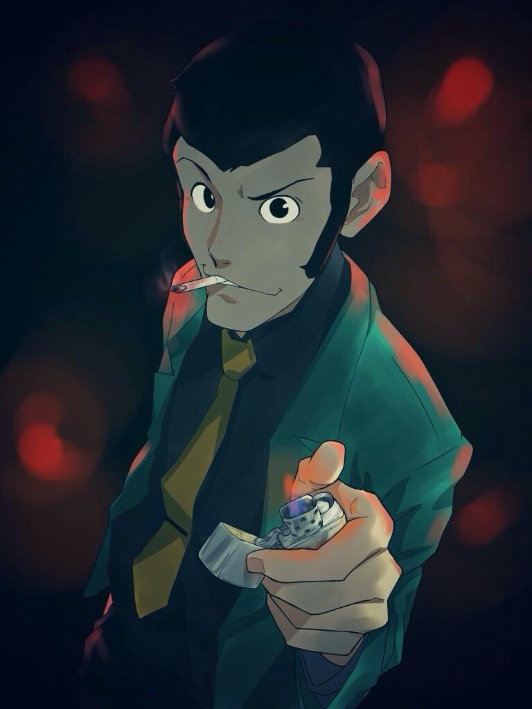 1boy, arsene_lupin_iii, bad_id, bad_pixiv_id, black_hair, cigarette, dark, fire, formal_clothes, green_jacket, hand_up, jacket, lighter, looking_at_viewer, lupin_iii, male_focus, mouth_hold, necktie, reaching, reaching_towards_viewer, seven_(seven8xxx), short_hair, sideburns, smoking, solo, suit, yellow_necktie, zippo_lighter