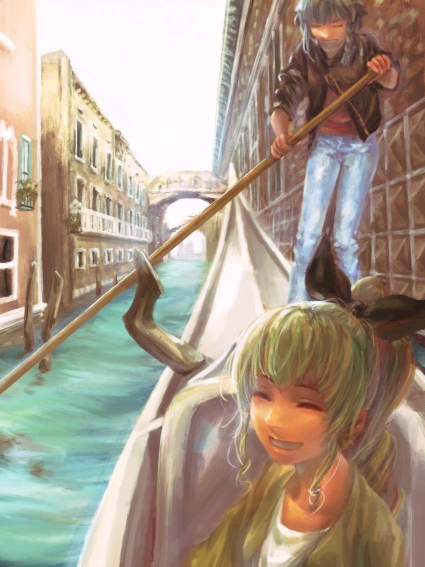 10s, 2girls, alternate_hairstyle, anchovy_(girls_und_panzer), bad_id, bad_pixiv_id, black_hair, boat, bow, braid, bridge, canal, casual, city, commentary, denim, closed_eyes, faux_traditional_media, girls_und_panzer, gondola, green_hair, grin, hair_bow, happy, highres, jeans, multiple_girls, pants, pepperoni_(girls_und_panzer), ponytail, seven_(seven8xxx), side_braid, smile, vanishing_point, venice, water, watercraft