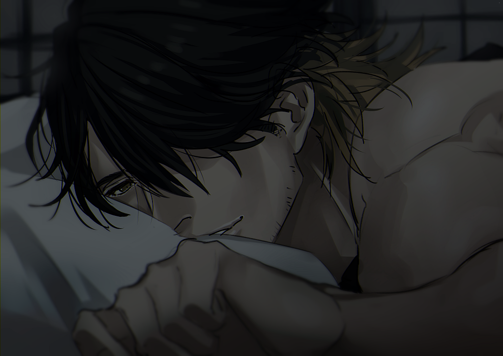 10s, 1boy, brown_eyes, close-up, facial_hair, hair_over_one_eye, looking_at_viewer, mad369