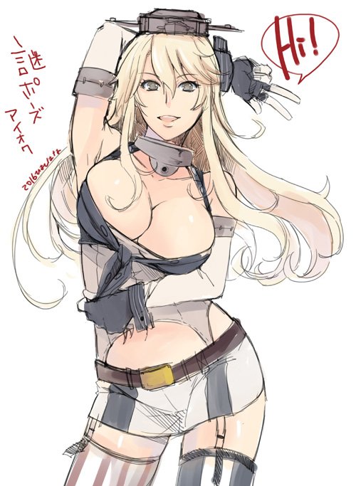 10s, 1girl, american_flag, american_flag_legwear, asymmetrical_legwear, blonde_hair, breasts, cleavage