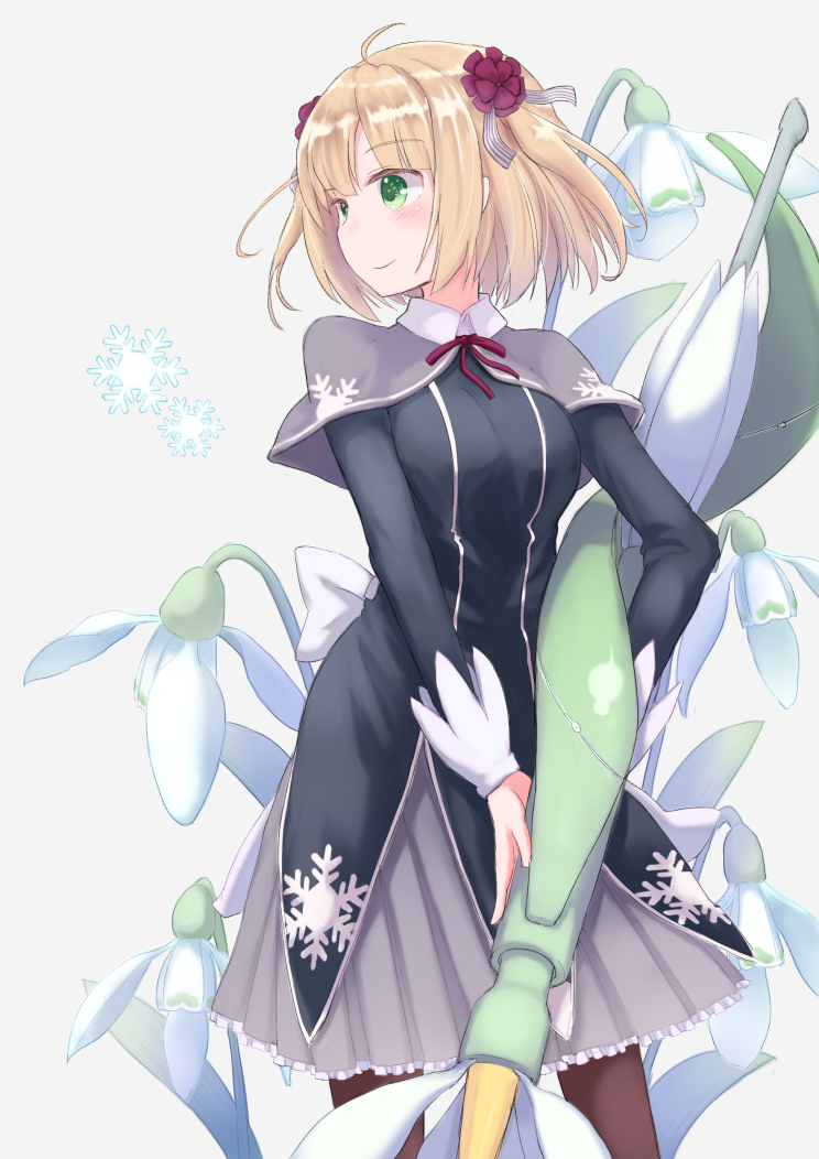 1girl, blonde_hair, blush, capelet, dress, female_focus, flower, flower_knight_girl