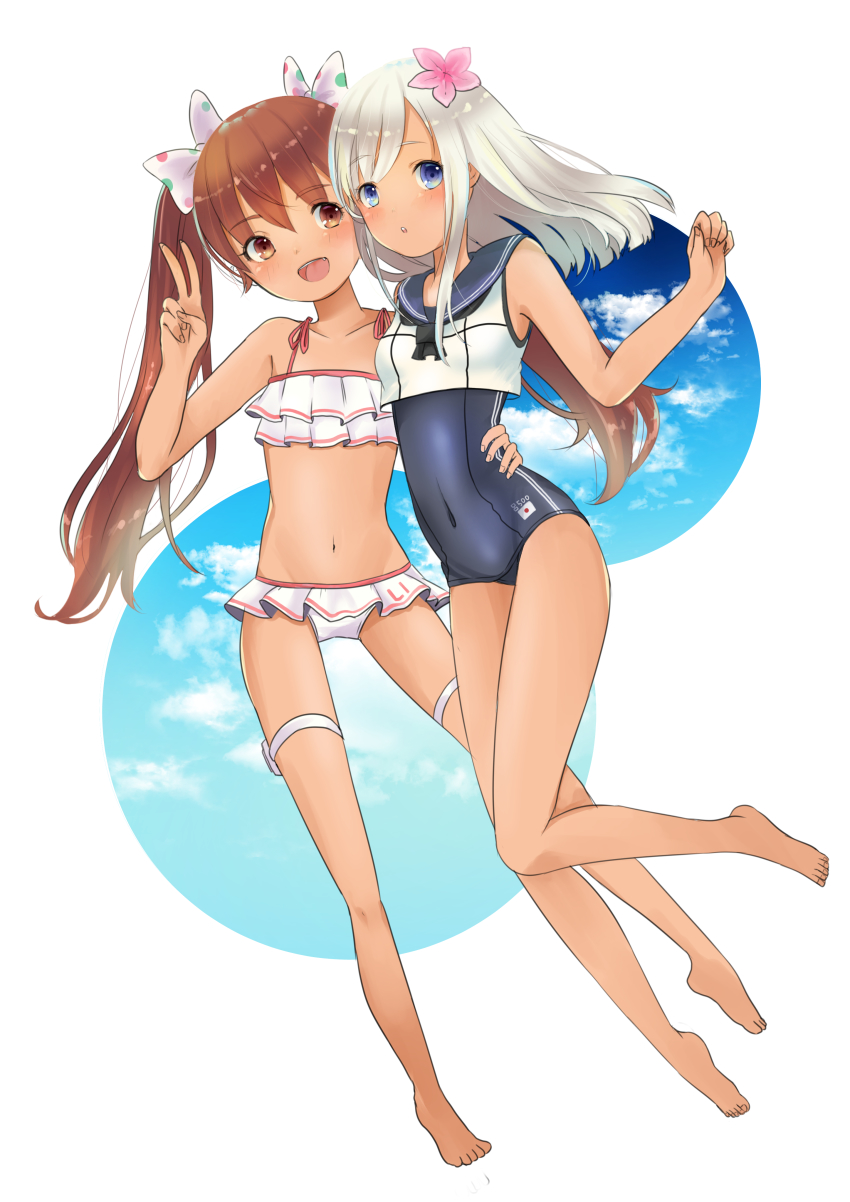 10s, 2girls, :d, :o, absurdres, bikini, blonde_hair, blue_eyes