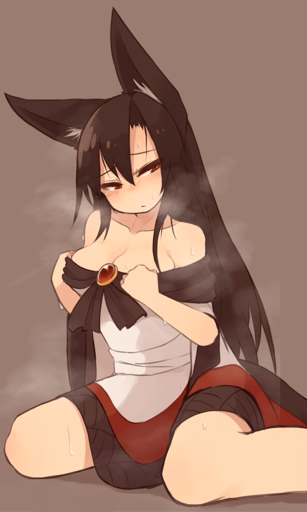 1girl, animal_ears, blush, breasts, brooch, brown_hair, cleavage, clothes_pull