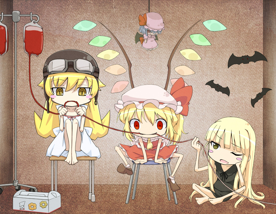 3girls, barefoot, bat_(animal), bat_wings, blonde_hair, blood, blood_bag, blush