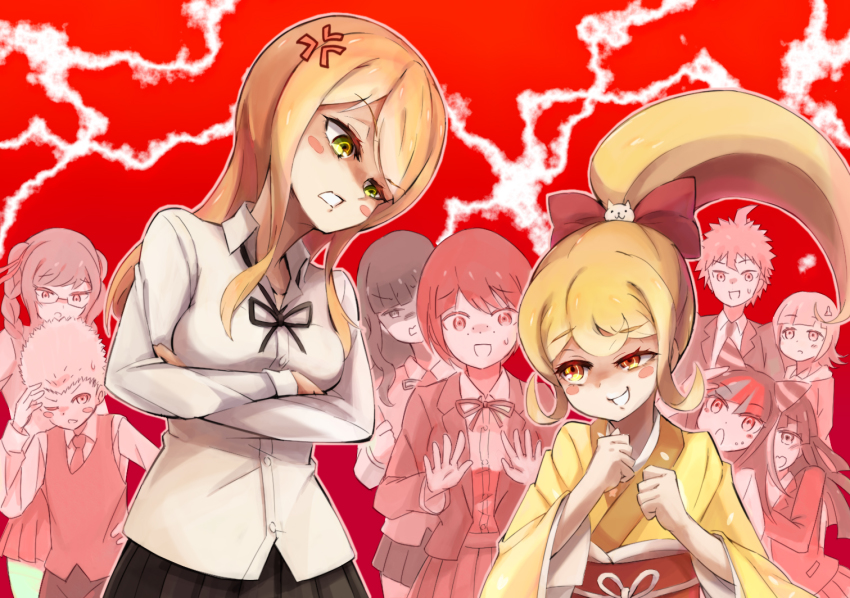 10s, 2boys, 6+girls, annoyed, blonde_hair, blush, blush_stickers, bow, braid, crossed_arms, danganronpa_(series), danganronpa_3_(anime), face_piercing, flipped_hair, freckles, glasses, green_eyes, hair_ornament, hinata_hajime, hood, hoodie, japanese_clothes, koizumi_mahiru, kuzuryu_fuyuhiko, kuzuryu_natsumi, kyukyutto_(denryoku_hatsuden), lip_piercing, long_hair, mioda_ibuki, multiple_boys, multiple_girls, nanami_chiaki, pekoyama_peko, piercing, ponytail, saionji_hiyoko, sato_(danganronpa), school_uniform, short_hair, smirk, tsumiki_mikan, twin_braids, yellow_eyes