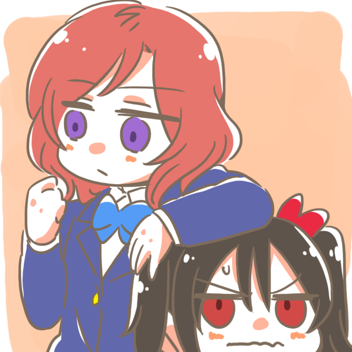10s, 2girls, angry, arablue, black_hair, chibi, height_difference, love_live!