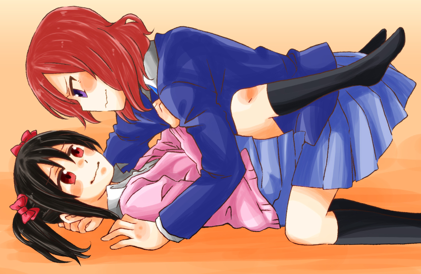 10s, 2girls, arablue, black_hair, blush, blush_stickers, bow, hair_bow