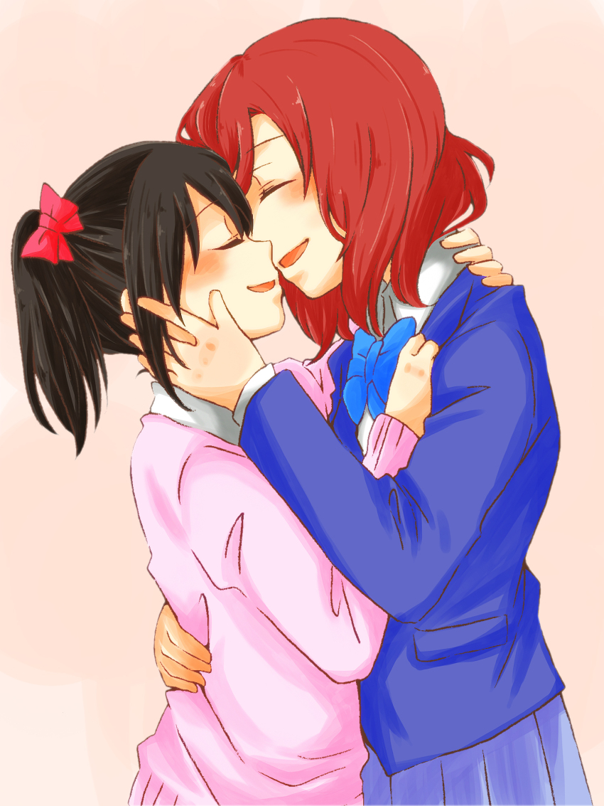 10s, 2girls, :d, arablue, black_hair, closed_eyes, highres, love_live!
