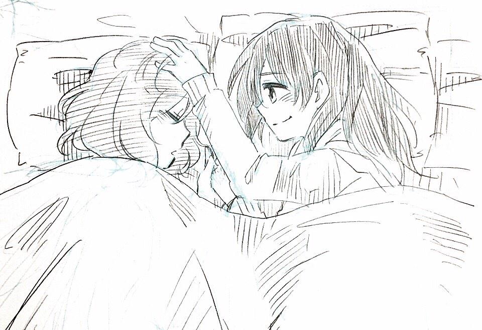 10s, 2girls, alternate_hairstyle, arablue, blanket, closed_eyes, greyscale, hair_down