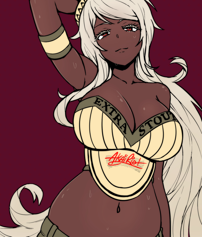 1girl, akairiot, arm_up, armband, bare_shoulders, blonde_hair, bottle_cap, breasts, bustier, cleavage, commentary, curvy, dark-skinned_female, dark_skin, eyelashes, female_focus, guinness-tan, guinness_(beer), hair_ornament, large_breasts, long_hair, navel, original, personification, purple_background, red_background, red_eyes, signature, simple_background, solo, sweat, very_long_hair