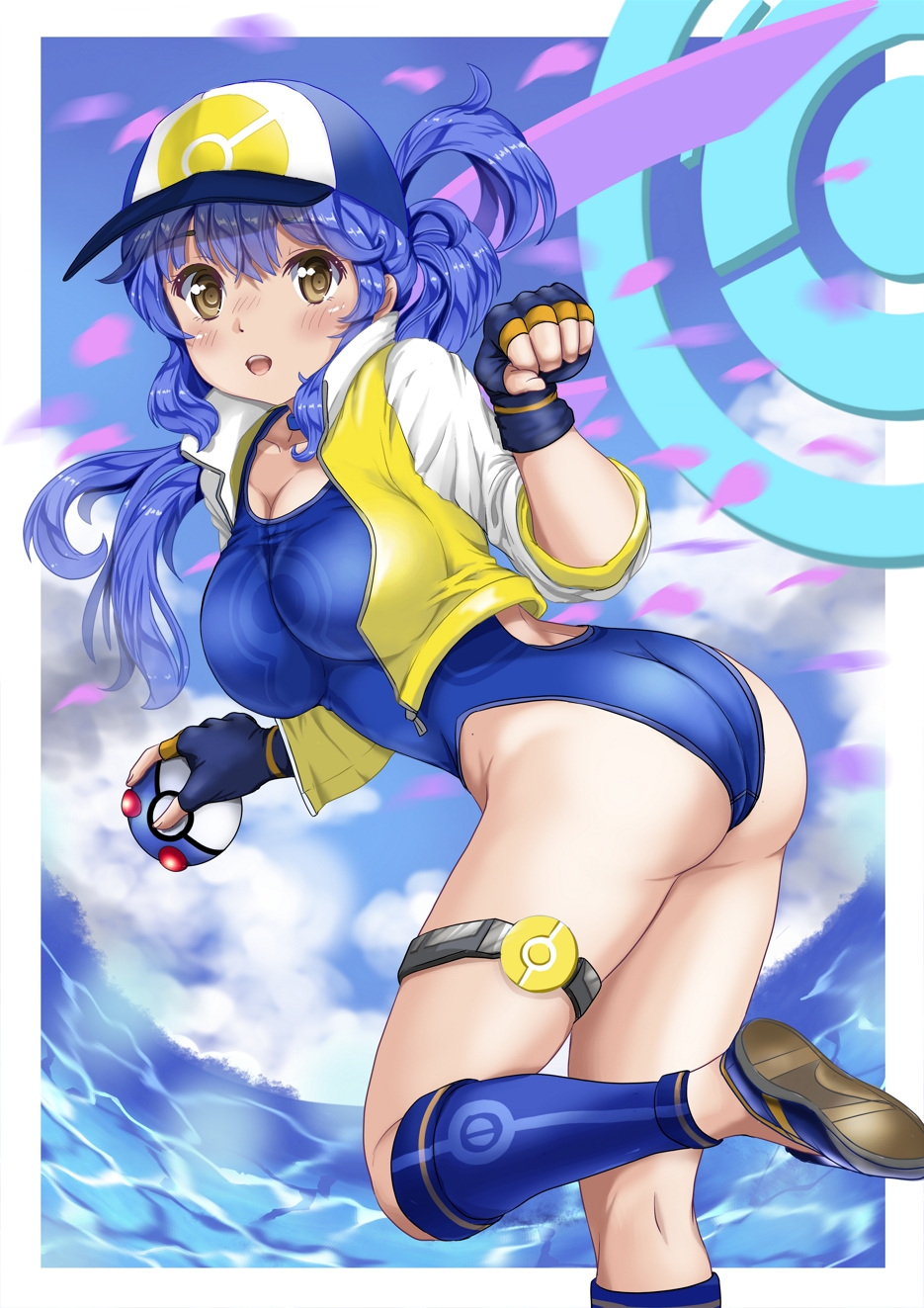 1girl, ass, baseball_cap, blue_hair, brown_eyes, competition_swimsuit, cropped_jacket, female_focus