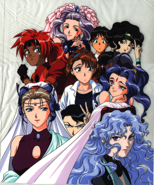 1990s_(style), 2boys, 6+girls, afura_mann, alielle, bandana, black_eyes, black_hair, blonde_hair, blue_eyes, blue_hair, brown_eyes, brown_hair, el_hazard, facial_mark, ifurita, jinnai_katsuhiko, jinnai_nanami, lipstick, long_hair, makeup, miz_mishtal, mizuhara_makoto, multiple_boys, multiple_girls, nakajima_atsuko, ponytail, purple_hair, red_eyes, red_hair, retro_artstyle, rune_venus, shayla-shayla, veil