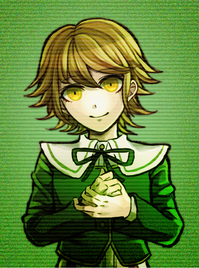10s, 1boy, alter_ego, brown_hair, crossdressing, crossdressing_(mtf), danganronpa:_trigger_happy_havoc, danganronpa_(series), flipped_hair, fujisaki_chihiro, hisida, male_focus, scanlines, school_uniform, short_hair, smile, spoilers, trap, upper_body, yellow_eyes