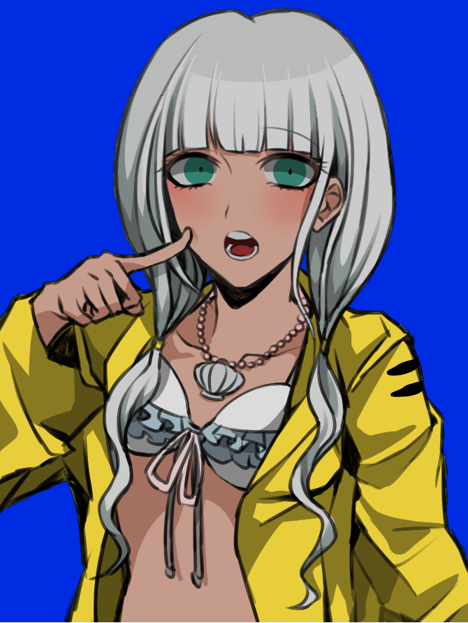 10s, 1girl, bikini, bikini_top_only, blue_background, danganronpa_(series), danganronpa_v3:_killing_harmony, dark-skinned_female, dark_skin, female_focus, ganguro, green_eyes, gyaru, hisida, jacket, jewelry, necklace, open_mouth, pointing, pointing_at_self, shell, silver_hair, simple_background, solo, swimsuit, upper_body, yellow_jacket, yonaga_angie