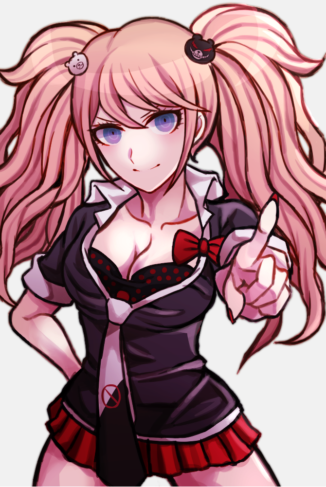 10s, 1girl, bear_hair_ornament, blue_eyes, bow, breasts, cleavage, cowboy_shot, danganronpa:_trigger_happy_havoc, danganronpa_(series), enoshima_junko, female_focus, grey_background, hair_ornament, hand_on_own_hip, hisida, loose_necktie, miniskirt, nail_polish, necktie, pink_hair, pleated_skirt, pointing, pointing_at_viewer, red_nails, red_skirt, simple_background, skirt, smile, solo, spoilers, twintails