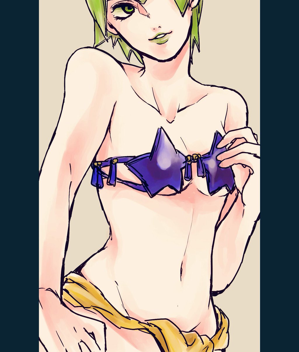 1girl, bare_shoulders, bikini, bikini_top_only, breasts, contrapposto, cosplay, female_focus, foo_fighters_(jojo), green_eyes, green_hair, green_lips, hand_on_own_hip, highres, jojo_no_kimyou_na_bouken, lipstick, makeup, matching_hair/eyes, medium_breasts, midler_(cosplay), navel, pelvic_curtain, pillarboxed, saichuu_(more1208), short_hair, smile, solo, standing, swimsuit