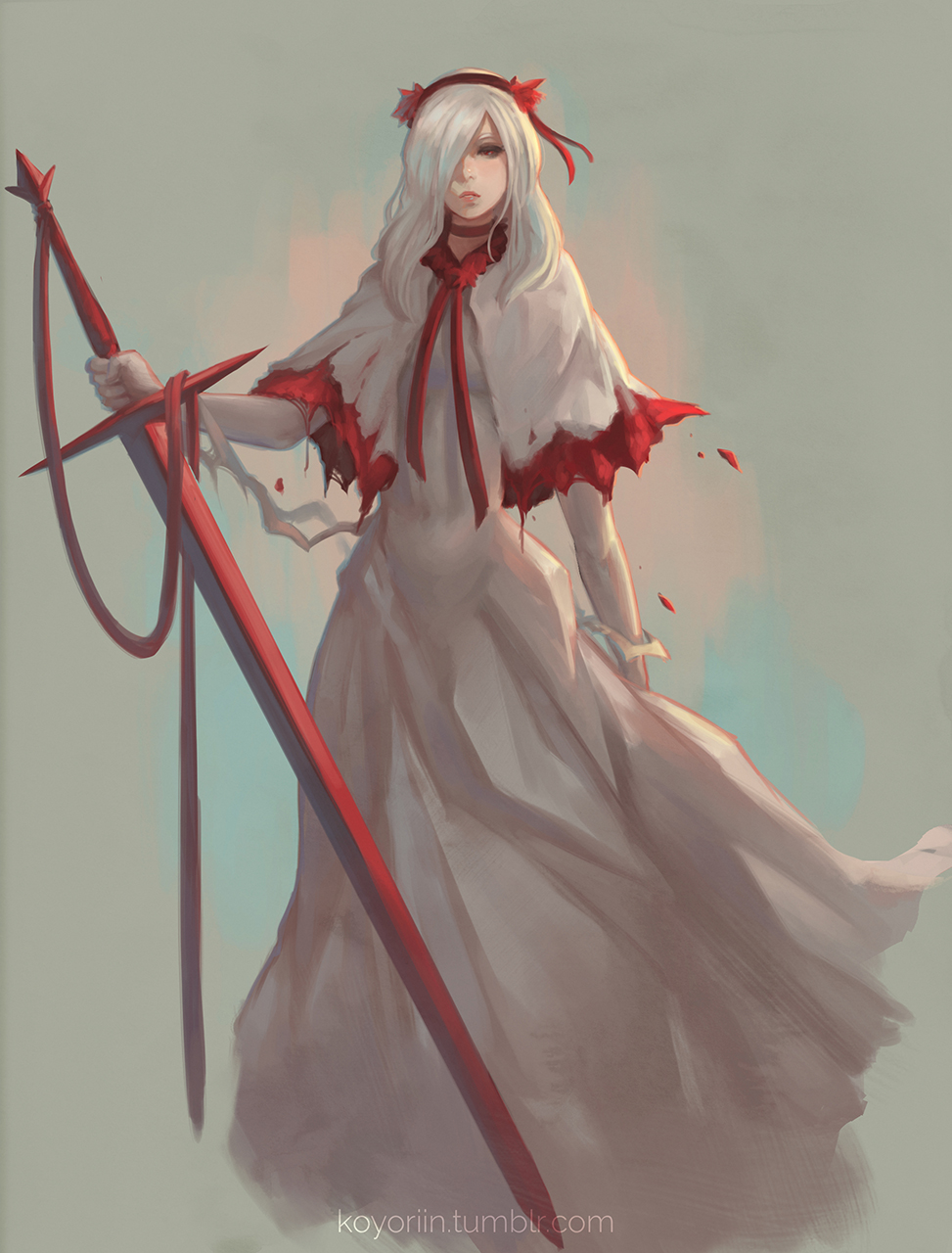 1girl, dress, female_focus, fennel_(momodora), greatsword, hairband, highres, holding, holding_sword, holding_weapon, koyorin, long_hair, looking_at_viewer, momodora:_reverie_under_the_moonlight, princess, red_eyes, solo, sword, torn_clothes, watermark, weapon, web_address, white_hair