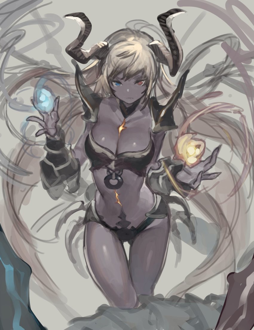 10s, armor, azuki_(azuki-taste), bikini, blonde_hair, colored_skin, flame=glass, flame_=_glass, granblue_fantasy, grey_skin, heterochromia, highres, horns, long_hair, pauldrons, shadowverse, shingeki_no_bahamut, shoulder_armor, solo, swimsuit