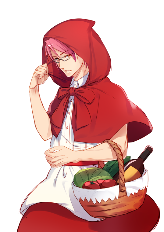 10s, 1boy, basket, bottle, cabbage, crossdressing, crossdressing_(mtf), glasses