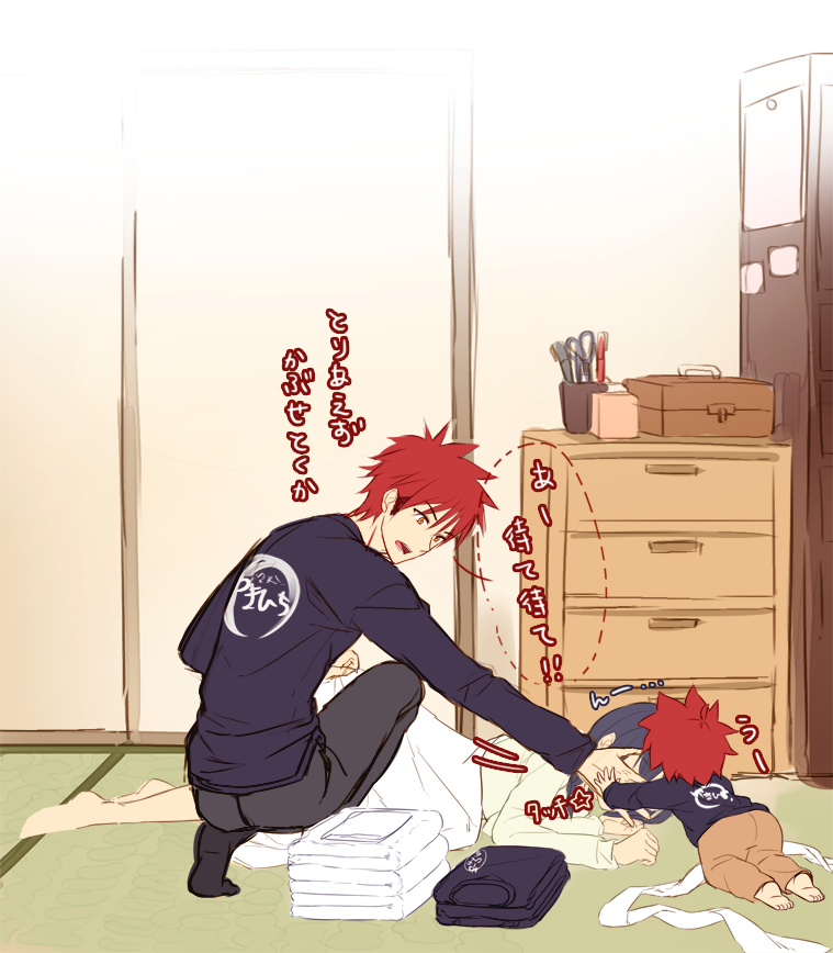 10s, 1girl, 2boys, baby, chest_of_drawers, hair_ornament, hairclip, multiple_boys