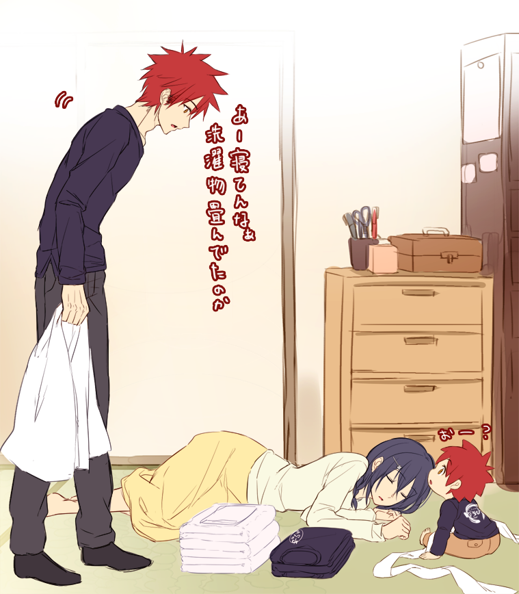 10s, 1girl, 2boys, baby, chest_of_drawers, hair_ornament, hairclip, husband_and_wife, multiple_boys, aged_up, saitou_kazu, shokugeki_no_souma, sleeping, tadokoro_megumi, translation_request, yukihira_souma
