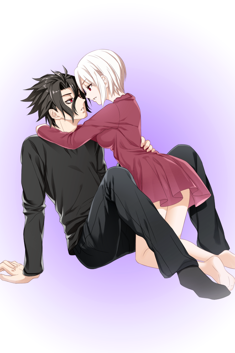 10s, 1boy, 1girl, black_hair, dress, hair_between_eyes, kneeling, kurokiba_ryou