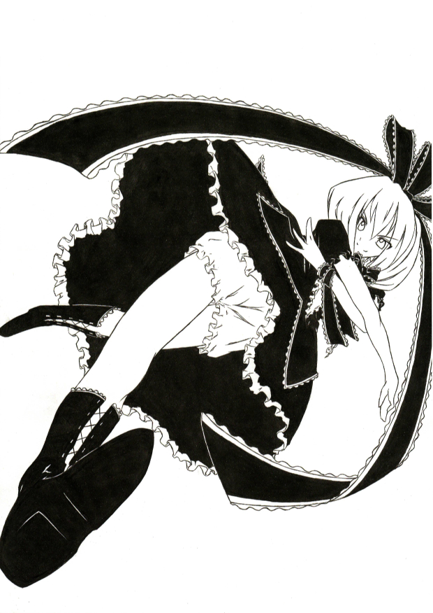 1girl, bloomers, boots, bow, dutch_angle, female_focus, greyscale, hair_ribbon