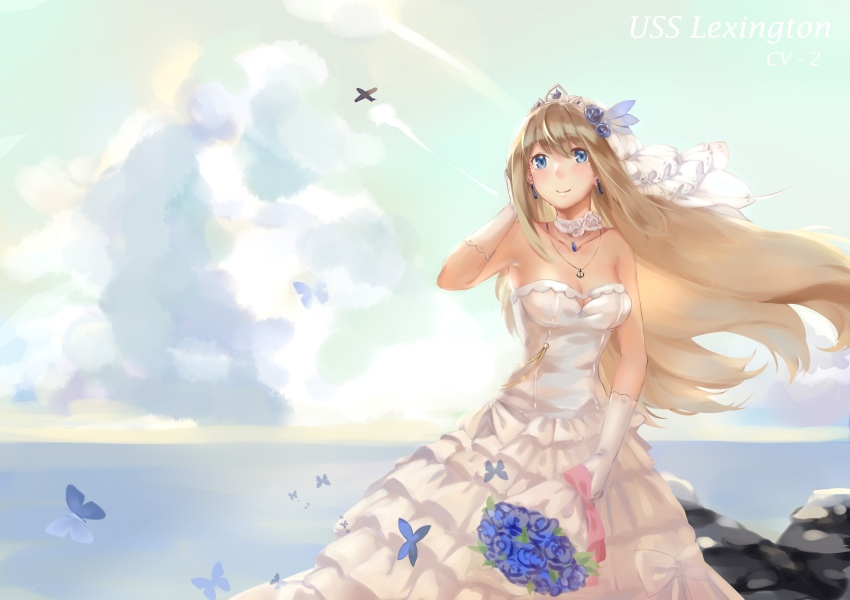 1girl, absurdres, bare_shoulders, blue_eyes, blue_flower, blue_rose, bouquet, breasts