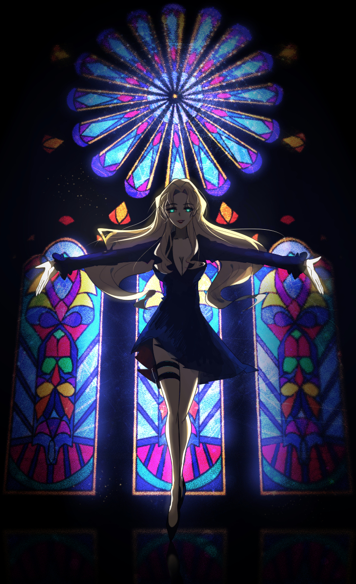 1girl, blonde_hair, breasts, cleavage, dress, female_focus, glowing, glowing_eyes, green_eyes, highres, lipstick, long_hair, makeup, meitantei_conan, mitar, outstretched_arms, pouch, solo, stained_glass, thigh_pouch, vermouth_(meitantei_conan)
