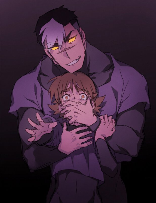 2boys, black_hair, brown_eyes, brown_hair, catgirl0926, constricted_pupils, covered_mouth, dark_persona, evil_grin, evil_smile, flipped_hair, grin, hyakujuu-ou_golion, male_focus, matthew_holt, multicolored_hair, multiple_boys, no_pupils, outstretched_arm, scar, scared, smile, streaked_hair, takashi_shirogane, voltron:_legendary_defender, voltron_(series)