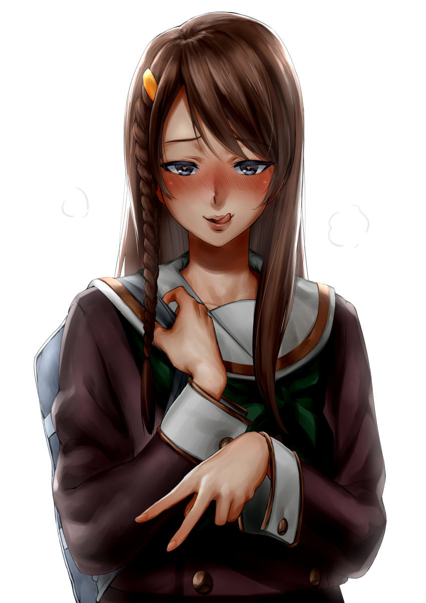 10s, 1girl, absurdres, bad_id, bad_pixiv_id, bag, blush, braid, brown_hair, colored_skin, female_focus, heart, heart-shaped_pupils, hibike!_euphonium, highres, ikuchan_kaoru, kitauji_high_school_uniform, licking_lips, long_hair, looking_at_viewer, multicolored_skin, naughty_face, purple_eyes, school_uniform, serafuku, simple_background, smile, solo, souga_yoriko, symbol-shaped_pupils, tongue, tongue_out, v, white_background