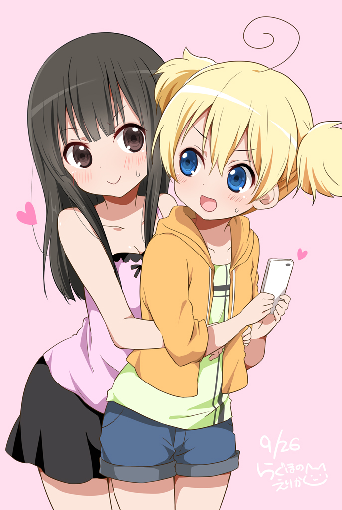 >:d, 2girls, :d, ahoge, artist_name, bare_arms, black_hair, black_skirt