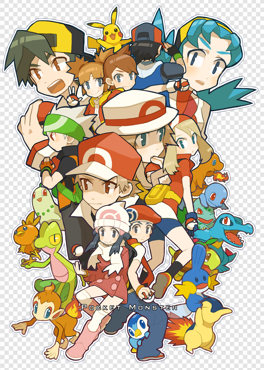 00s, 1990s_(style), 5girls, 6+boys, :<, alternate_costume, ash_ketchum, bad_id