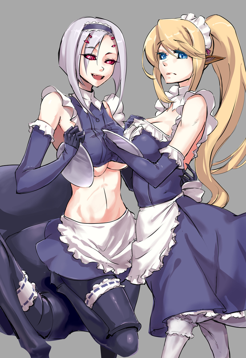 10s, 2girls, :d, alternate_costume, animal_ears, apron, arachne, arthropod_girl, blonde_hair, blue_eyes, breast_press, breasts, carapace, centaur, centorea_shianus, cleavage, crop_top, elbow_gloves, enmaided, extra_ears, extra_eyes, fangs, frilled_thigh_strap, gloves, grey_background, horse_ears, insect_girl, large_breasts, long_hair, looking_at_viewer, maid, maid_headdress, monster_girl, monster_musume_no_iru_nichijou, multiple_girls, open_mouth, pd_(seripanda), ponytail, rachnera_arachnera, red_eyes, short_hair, silver_hair, simple_background, smile, spider_girl, stomach, taur, thigh_strap, tray, underboob, waist_apron