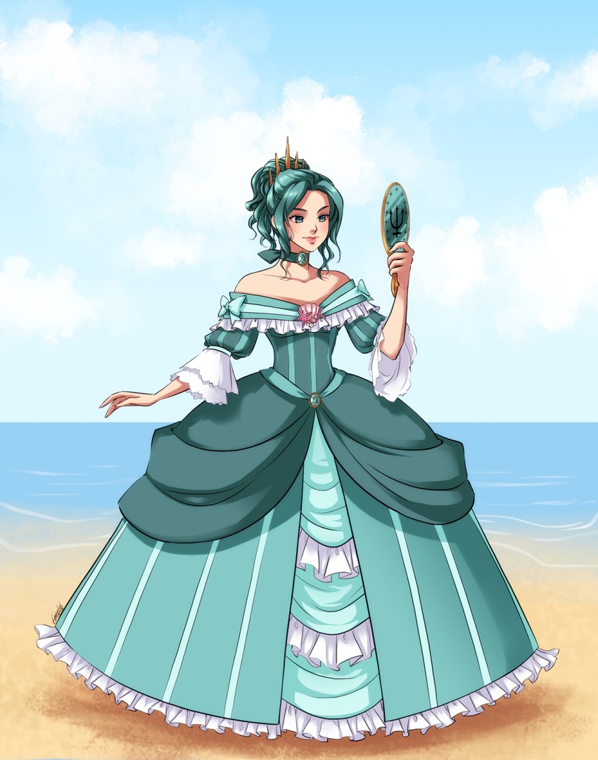 1girl, alternate_hairstyle, aqua_dress, aqua_eyes, aqua_hair, bare_shoulders, bishoujo_senshi_sailor_moon, bow