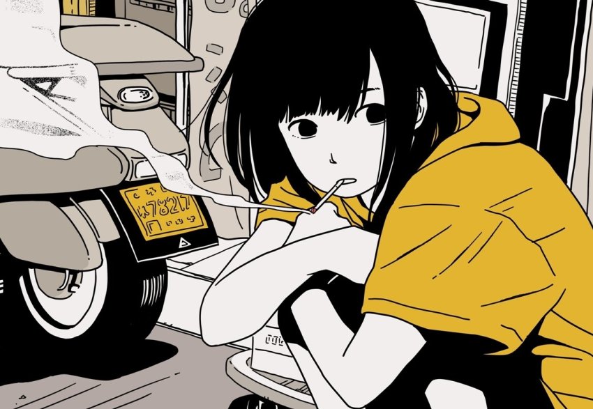 1girl, bad_id, bad_twitter_id, black_hair, cigarette, colored_skin, crossed_arms, day