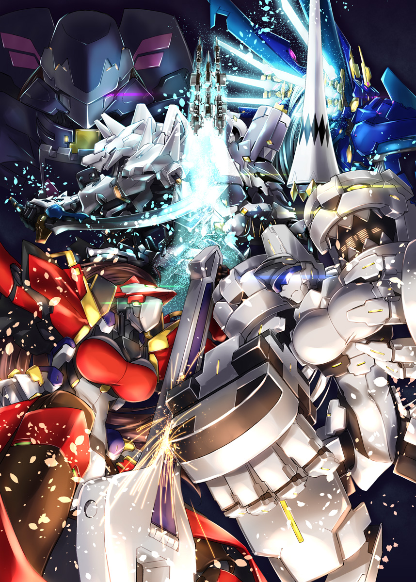 glowing, glowing_eyes, green_eyes, hidamari-genbu, highres, jizurisuzaku, katana, kyoukaisenjou_no_horizon, lance, mecha, michiyuki_byakko, no_humans, palais_cardinal, polearm, purple_eyes, robot, seiryuu_bushin, sharp_teeth, sword, teeth, weapon, wings, wrench, y/n, yatsufusa_(horizon), yellow_eyes