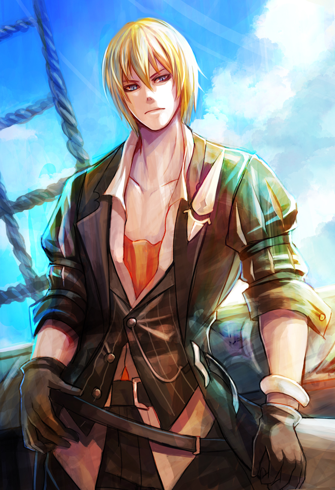 1boy, blonde_hair, blue_eyes, day, eizen_(tales), gloves, hair_between_eyes, male_focus