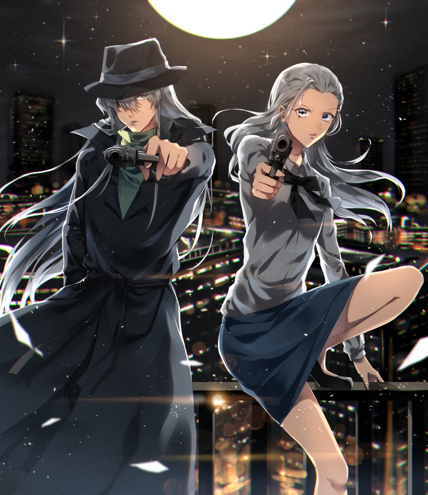 1boy, 1girl, aiming, aiming_at_viewer, alternate_hairstyle, arm_at_side, bare_legs, black_bow