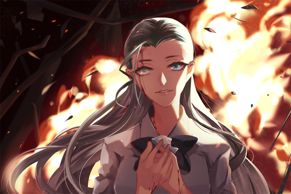 1girl, alternate_hairstyle, black_bow, black_bowtie, blood, bow, bowtie, curacao