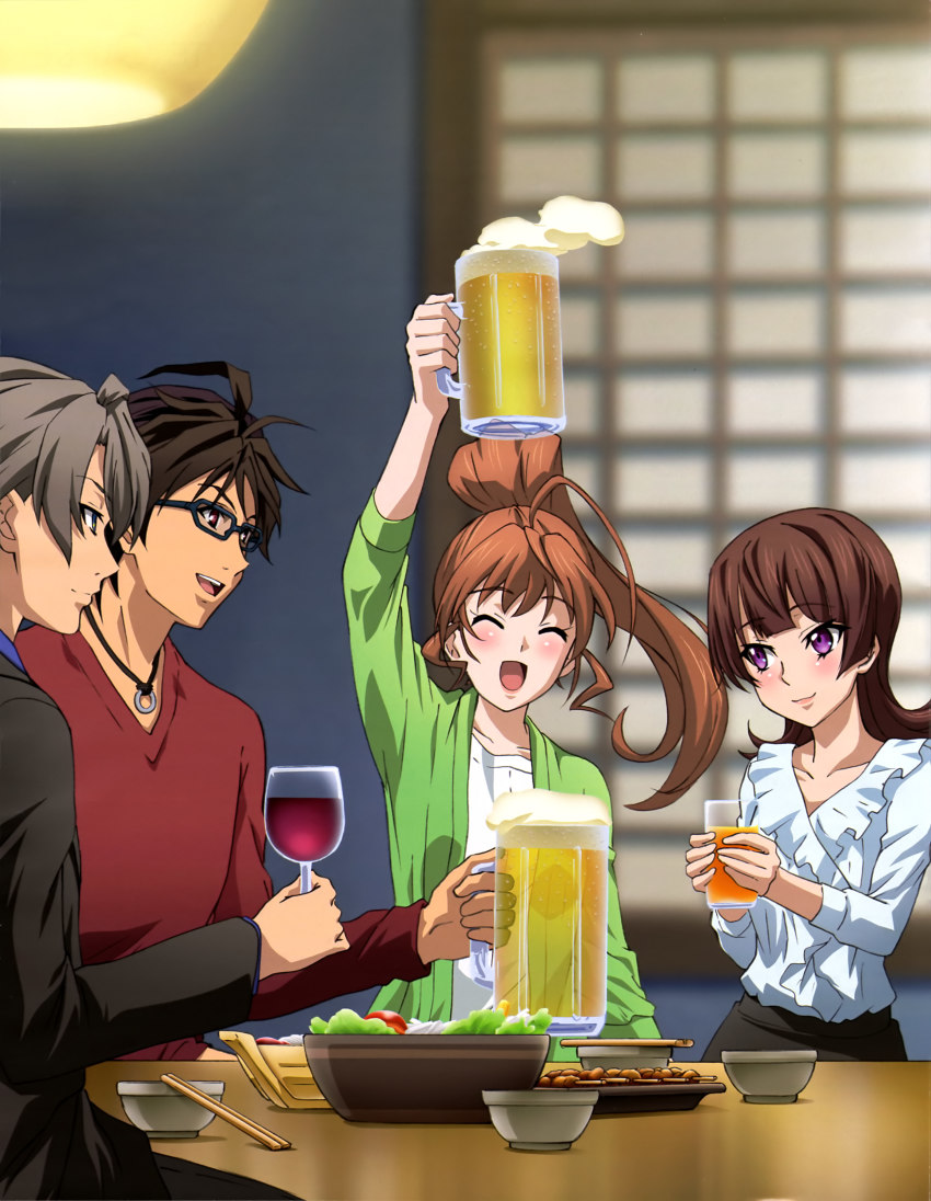 2boys, 2girls, absurdres, active_raid, alcohol, arm_up, beer, beer_mug, bowl, brown_eyes, brown_hair, casual, chopsticks, closed_eyes, cup, drinking_glass, eyebrows, food, glasses, grey_hair, high_ponytail, highres, holding, indoors, jewelry, kazari_asami, kuroki_takeru, long_hair, meat, mug, multiple_boys, multiple_girls, necklace, open_mouth, ponytail, purple_eyes, salad, short_hair, sitting, smile, souichirou_sena, toasting_(gesture), wine, wine_glass, yamabuki_rin