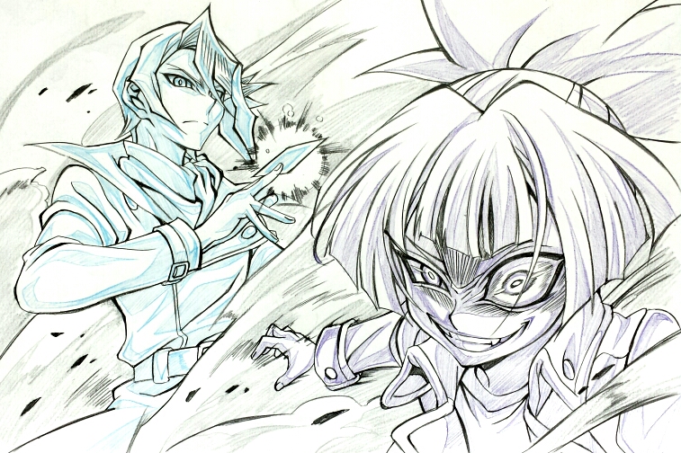 2boys, ebina_hidekazu, grin, kurosaki_shun_(yu-gi-oh!), monochrome, multiple_boys, multiple_monochrome, shiun'in_sora