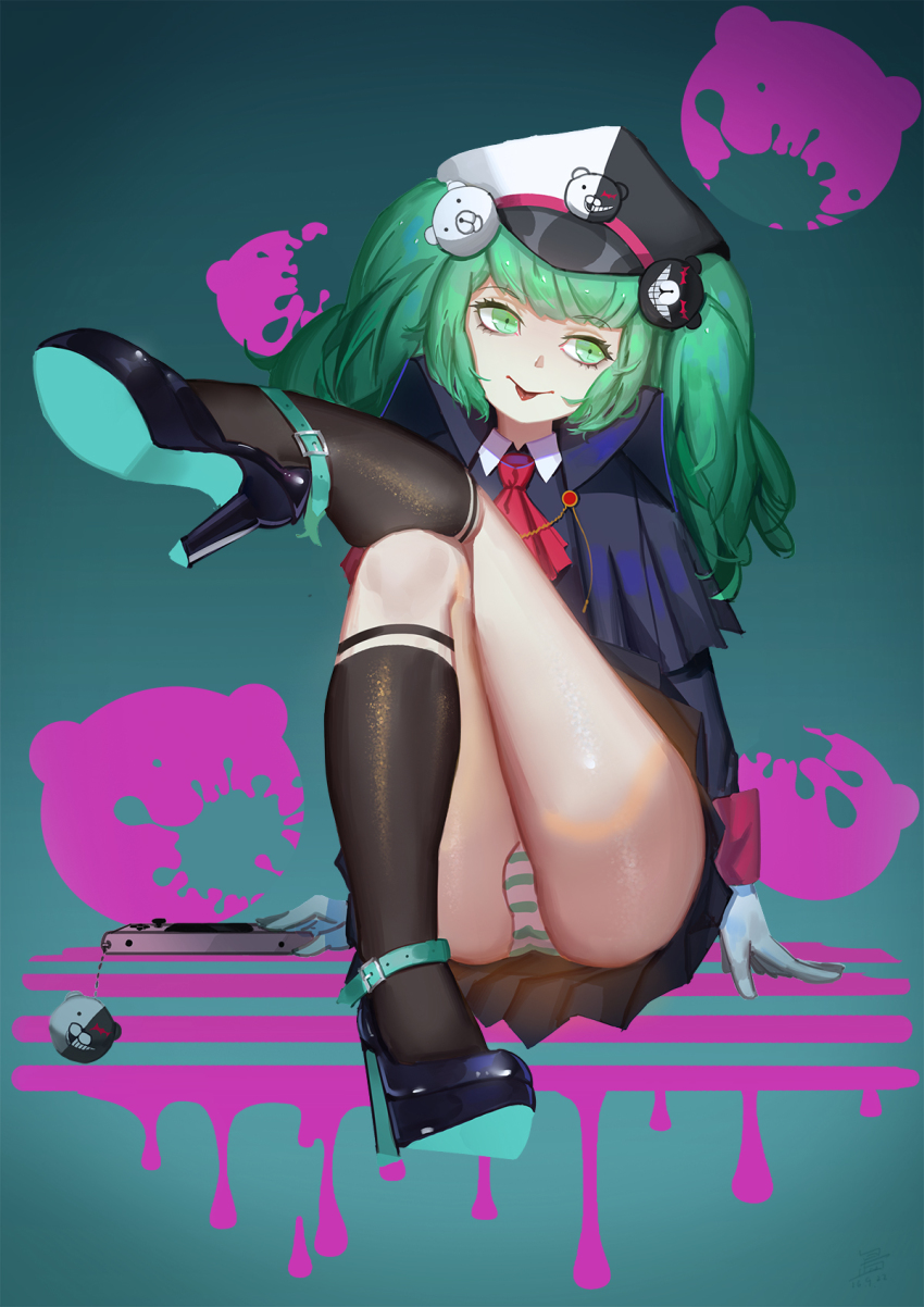 10s, 1girl, :p, crossed_legs, danganronpa_(series), danganronpa_3_(anime), female_focus, green_eyes, green_hair, hat, high_heels, highres, long_hair, matching_hair/eyes, panties, pantyshot, sk_tori, solo, striped_clothes, striped_panties, tongue, tongue_out, towa_monaca, twintails, underwear