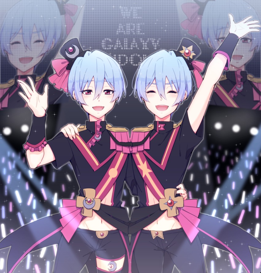 10s, 2boys, arm_around_another's_waist, arm_around_shoulder, asymmetrical_clothes, bad_id, bad_pixiv_id, beppu_akihiko