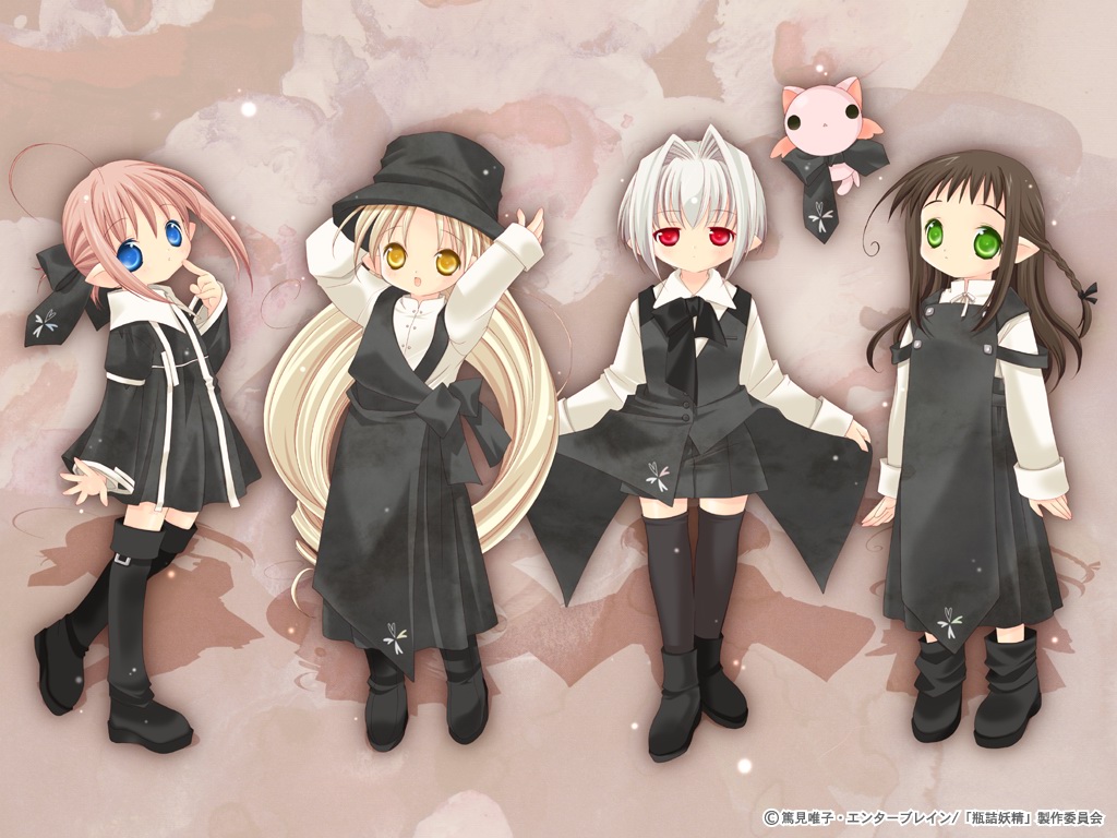 00s, 4girls, binzume_yousei, boots, chiriri_(binzume_yousei), dress, fairy, hororo_(binzume_yousei), kururu_(binzume_yousei), kururu_(bottle_fairy), multiple_girls, oboro_(binzume_yousei), oboro_(bottle_fairy), sarara_(binzume_yousei), thigh_boots, thighhighs, tokumi_yuiko