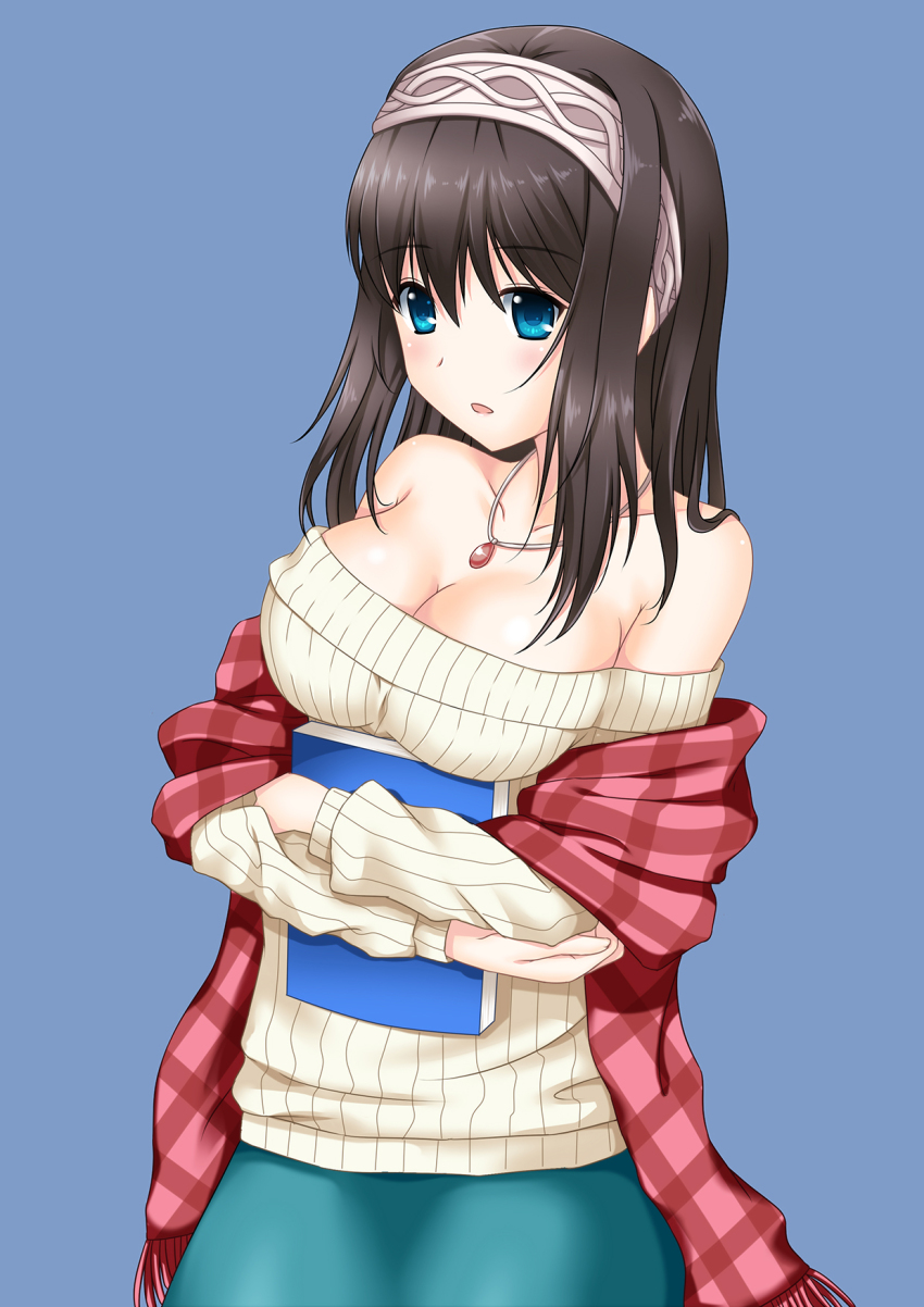 10s, 1girl, artist_request, bare_shoulders, black_hair, blue_eyes, book, breasts