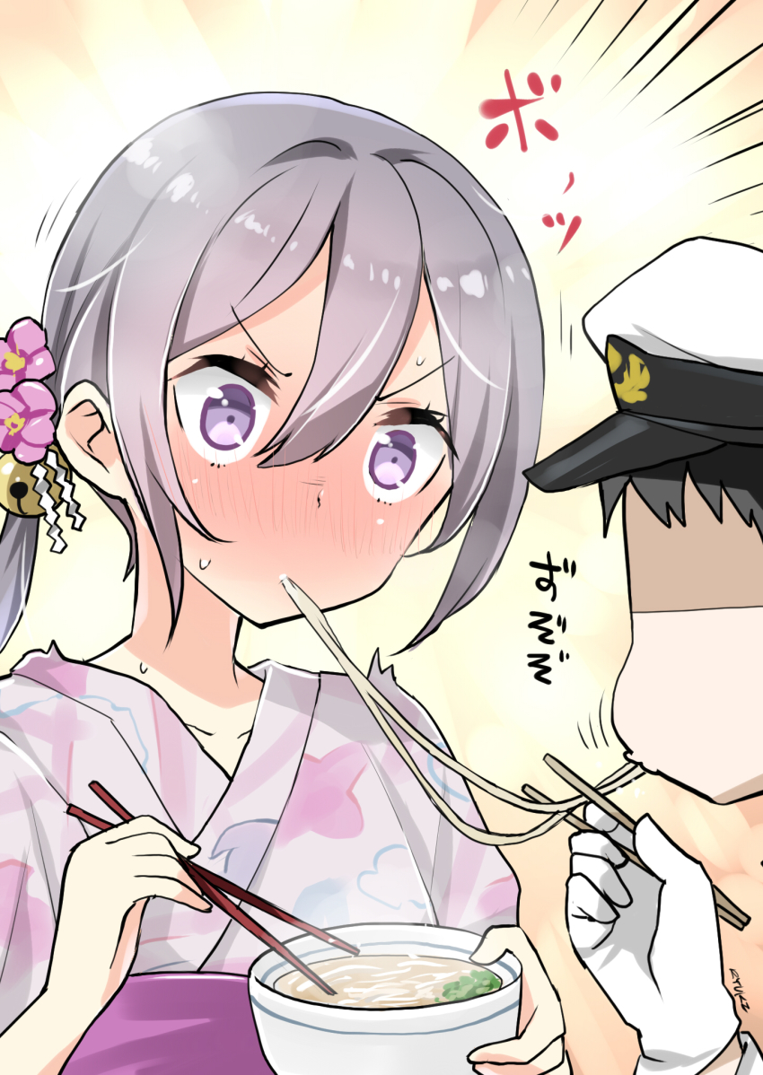 10s, 1boy, 1girl, admiral_(kancolle), akebono_(kancolle), akebono_(nakau)_(kancolle), bell, blush
