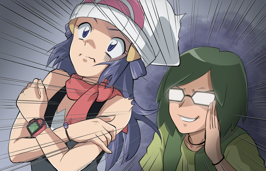 1boy, 1girl, adjusting_eyewear, bare_shoulders, beanie, blue_hair, conway_(pokemon), dark_background