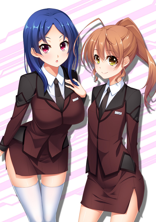 2girls, active_raid, blue_hair, brown_hair, formal_clothes, hoshimiya_haruka, long_hair, looking_at_viewer