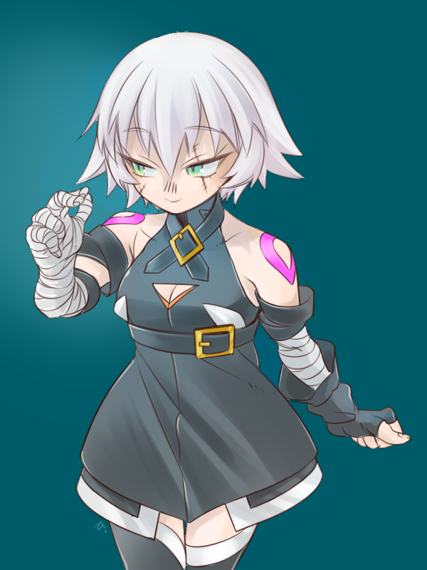 1girl, adapted_costume, armband, asymmetrical_gloves, bandages, bare_shoulders, belt, belt_buckle